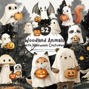 52 animales del bosque de Halloween, clipart PNG de acuarela, oso y amigos espeluznantes y caprichosos con disfraces de fantasmas y calabazas, uso comercial