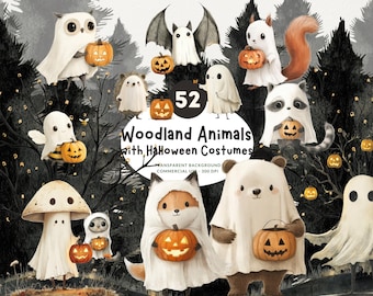 52 Halloween Woodland Animals, PNG Watercolor Clipart, Spooky Whimsical Bear & Friends in Ghost Costumes and jack'-o-lantern, Commercial Use