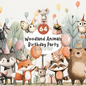 64 bosdieren verjaardagsfeestje, aquarel clipart png, vieren met bruine beer, vos, uil, konijn, wolf, muis en meer, commercieel gebruik