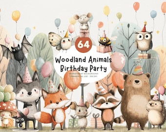 64 Birthday Party Woodland Animals, PNG Watercolor Clipart, Celebrate with Brown Bear, Fox, Owl, Bunny, Wolf, Mouse and More, Commercial Use