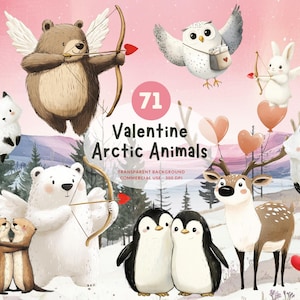 71 Animais do Ártico Valentine, PNG Clipart de aquarela, Urso polar cupido, Raposa, Pinguim e mais, Fundo de inverno correspondente, Uso comercial
