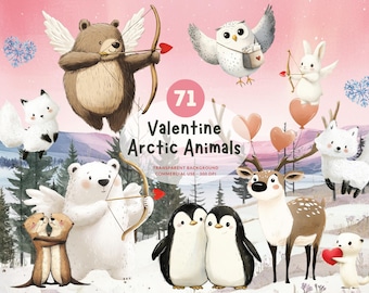 71 Valentine Arctic Animals, PNG Watercolor Clipart, Cupid Polar Bear, Fox, Penguin and More, Matching Winter Background, Commercial Use