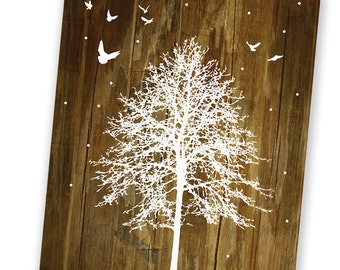 Set of 8 Holiday Card Set / Christmas Cards - White Winter Tree and Birds - Reclaimed Wood Rustic Holiday Card Set