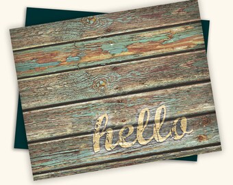Set of 8 Hello - Rustic, reclaimed wood, weathered paint in aqua with yellow typography