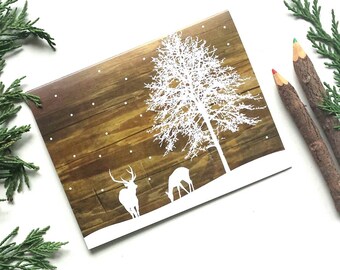 Set of 8 Christmas Card Set / Holiday Card Set - White Winter Deer and Snow - Reclaimed Wood Rustic