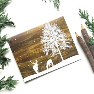 Set of 8 Christmas Card Set / Holiday Card Set White Winter Deer and Snow Reclaimed Wood Rustic image 1