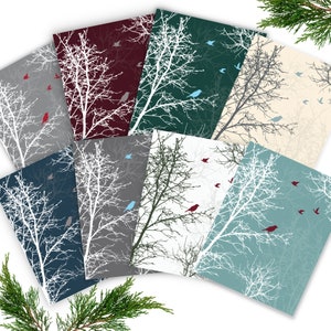May include: A collection of eight cards with a nature-inspired design. Each card features a white tree silhouette with birds against a colored background. The backgrounds vary in shades of gray, teal, green, and burgundy. A sprig of green foliage is in the corner.