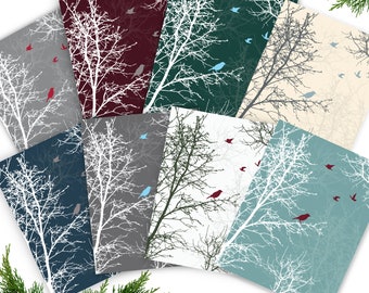 Set of 24! BEST VALUE Christmas Card Holiday Set-Large Set Peaceful Silhouette Trees Birds Modern Winter Thank You Notes | 3 of Each Design