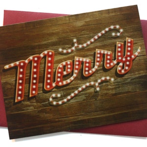 SALE! Set of 8 Holiday Card Set / Christmas Card Set - Merry Marquee Lights - reclaimed wood pallet background