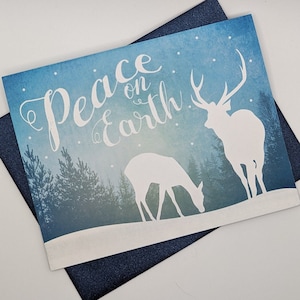 Set of 8 Holiday Card Set / Christmas Card Set - White Peace Deer on Blue Tree Snow Sky