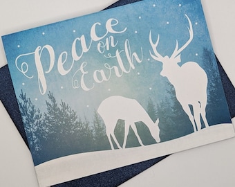 Set of 8 Holiday Card Set / Christmas Card Set - White Peace Deer on Blue Tree Snow Sky