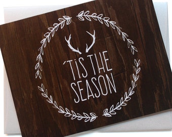 SALE! Set of 8 Christmas Card Set / Holiday Card Set - Laurel Branches Antlers - 'Tis the Season - on reclaimed wood background