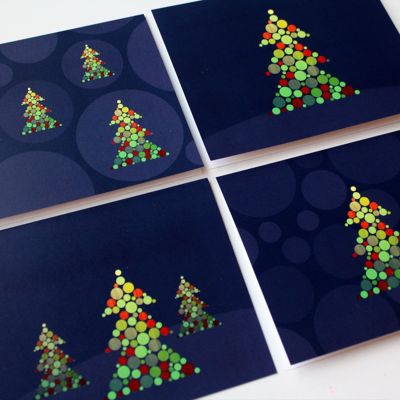 Set of 8 Christmas Cards / Holiday Card Set Woodgrain Circle Christmas Trees 4 designs image 6