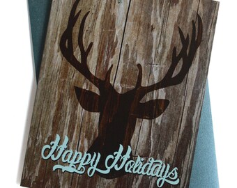 Deer Head Holiday Card Set of 8 – Rustic Wood, Happy Holidays