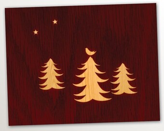 Set of 8 Christmas Card Set / Holiday Card Set - Wood Inlay trees, birds, and stars  (4 designs)