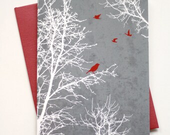 Peaceful Winter Holiday Silhouette Trees and Birds with textured background - Christmas Holiday Cards - Set of 24 - SAVE 5%