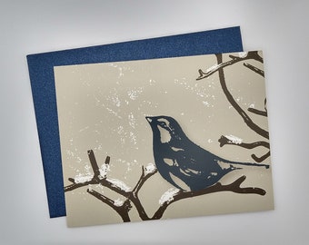 Set of 8 Holiday Card Set / Christmas Cards - Winter Finch - bird, branch, snow