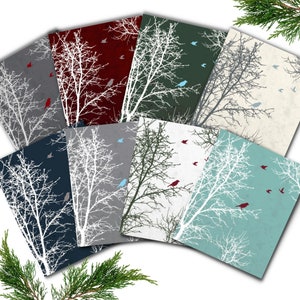 NEW! Set of 24 Christmas Holiday Card Set Winter Thank you - Multiple colors texture background - Peaceful Silhouette Trees Birds - SAVE 5%