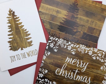 Set of 24 - Tree Set - Rustic Vintage Christmas Card / Holiday Cards - reclaimed wood background - SAVE 5%