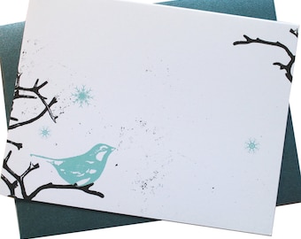 Set of 8 Christmas Card Set - Snow Bird - Card bird, branch, snow