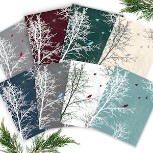 Back in stock! Set of 8 Christmas Holiday Card Set Winter Thank you - Multiple colors background - Peaceful Silhouette Trees Birds