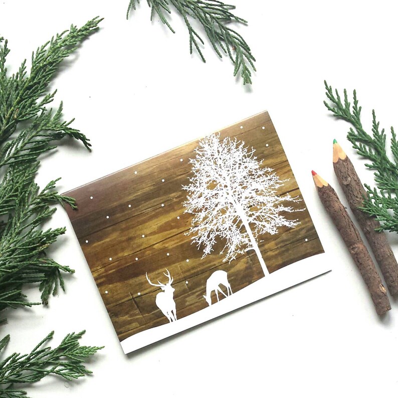 Set of 8 Christmas Card Set / Holiday Card Set White Winter Deer and Snow Reclaimed Wood Rustic image 1