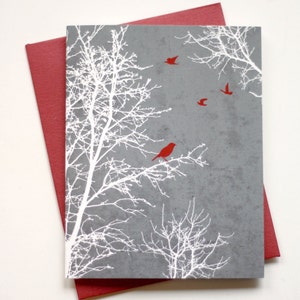 Set of 8 Christmas Card Set / Holiday Card Set - Peaceful Winter Silhouette Trees and Birds - textured background