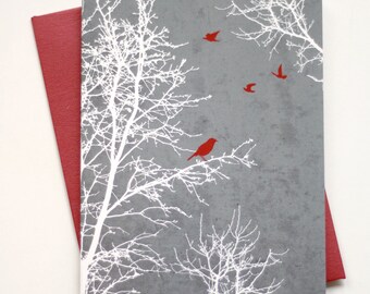 Set of 8 Christmas Card Set / Holiday Card Set - Peaceful Winter Silhouette Trees and Birds - textured background