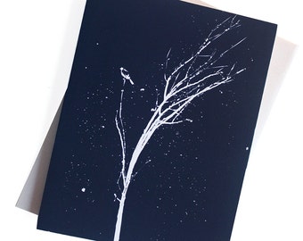 Set of 8 Holiday cards - Bird on a White Winter Tree - Midnight Navy Blue with Pearlescent Envelope