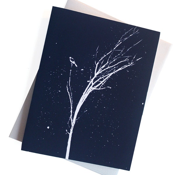 Set of 8 Holiday cards - Bird on a White Winter Tree - card set of 8 (midnight navy blue)