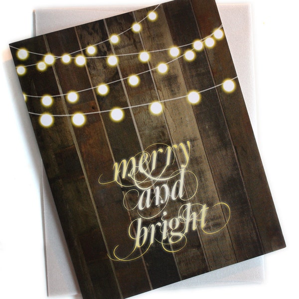 Holiday Cards / Christmas Cards - Set of 48 - Globe String Lights Merry and Bright - reclaimed wood pallet background - SAVE 10%