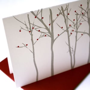 Set of 8 Holiday Card Set / Christmas Cards Silhouette Forest Red Berries image 1