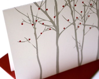 Set of 8 Holiday Card Set / Christmas Cards - Silhouette Forest - Red Berries