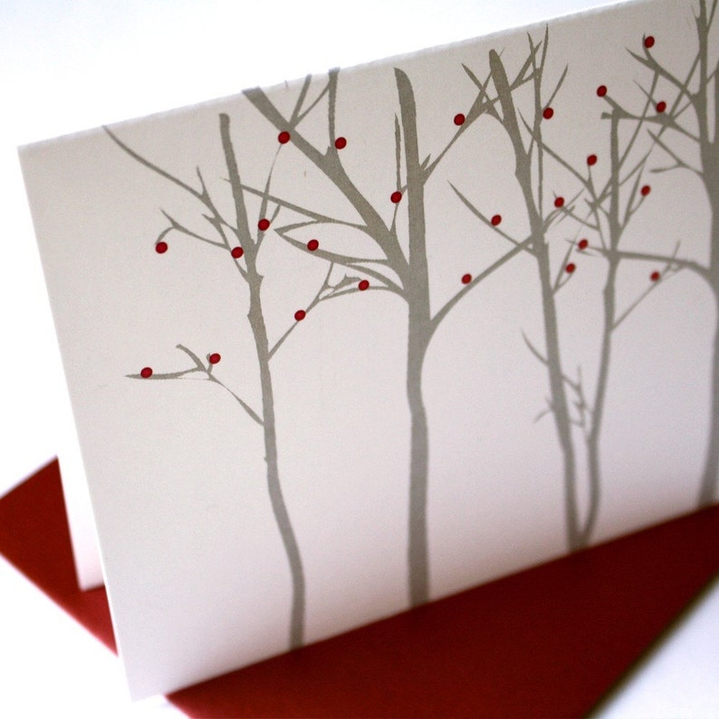 Set of 8 Holiday Card Set / Christmas Cards Silhouette Forest Red Berries image 1