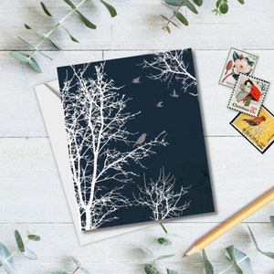 Winter Greetings Card Set of 8 - Holiday, Thank you, Shower - Peaceful Winter Silhouette Trees and Birds - Midnight Blue