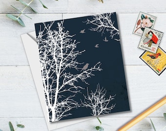 Winter Greetings Card Set of 8 - Holiday, Thank you, Shower - Peaceful Winter Silhouette Trees and Birds - Midnight Blue