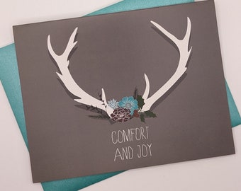 SALE! Set of 8 Christmas Card Set / Holiday Card Set - Botanical Antlers Comfort and Joy