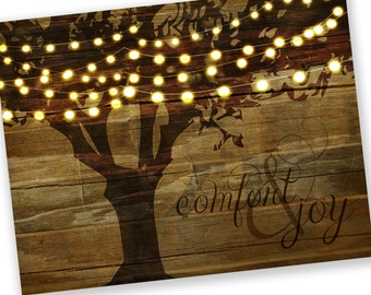 Christmas Cards / Holiday Cards - Tree String Lights Comfort & Joy - reclaimed wood background - Set of 24 - SAVE 5%