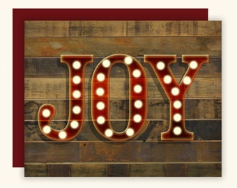 SALE! Set of 8 Holiday Card Set / Christmas Card Set - JOY Marquee Vintage Lights - reclaimed wood pallet background