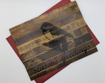 Set of 8 Holiday Card Set / Christmas Cards - Reclaimed Wood Rustic Forest - CHICKADEE bird - Seasons Greetings