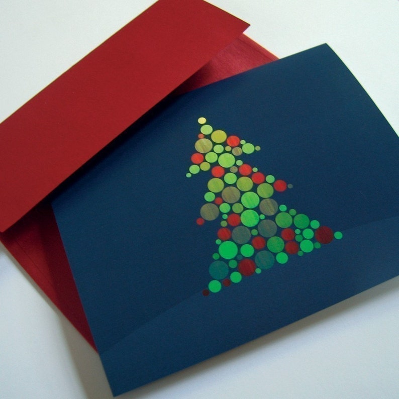 Set of 8 Christmas Cards / Holiday Card Set Woodgrain Circle Christmas Trees 4 designs image 1