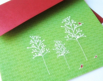 Set of 8 Holiday Card Set / Christmas Cards - Birds and Berry Branches - Card green and blue