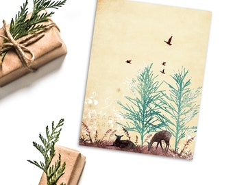 Set of 8 Holiday Card Set / Christmas Card Set - Peace On Earth Deer - deer, forest, tree, woodland