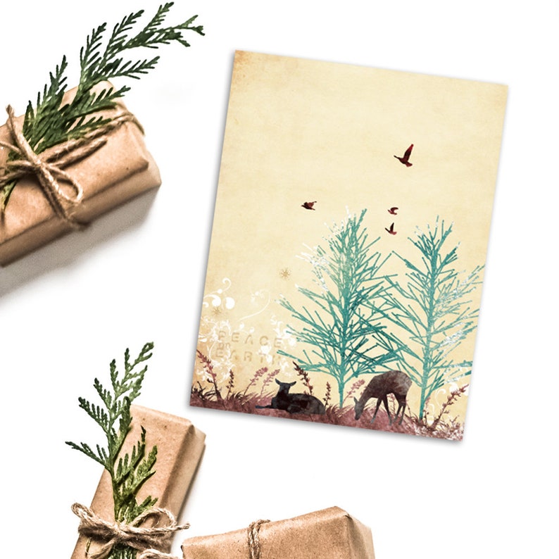 Set of 8 Holiday Card Set / Christmas Card Set - Peace On Earth Deer - deer, forest, tree, woodland 