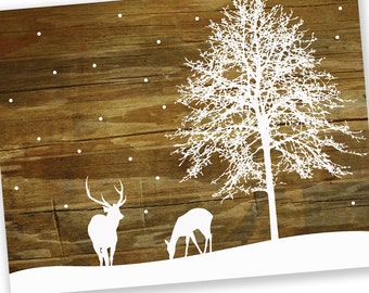 Set of 24 - Christmas Cards / Holiday Cards - White Winter Deer and Snow - Reclaimed Wood Rustic Holiday Cards - Sale 5% Off