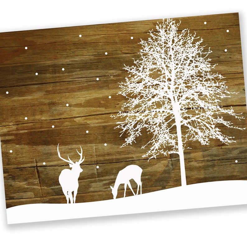 Set of 8 Christmas Card Set / Holiday Card Set White Winter Deer and Snow Reclaimed Wood Rustic image 2