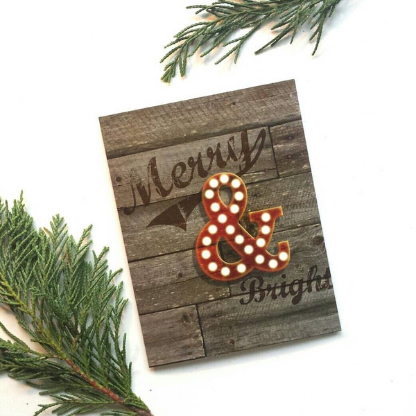 Set of 8 Holiday Card Set / Christmas Card Set - Ampersand Merry & Bright - reclaimed wood pallet background