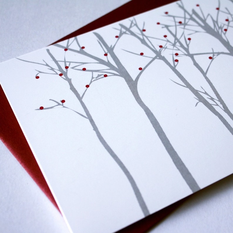 Set of 8 Holiday Card Set / Christmas Cards Silhouette Forest Red Berries image 7