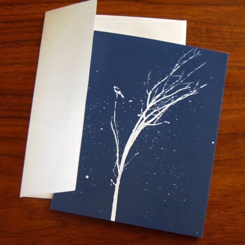 Set of 8 Holiday cards Bird on a White Winter Tree card set of 8 midnight navy blue image 2