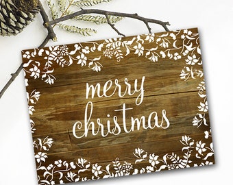 Sale! Set of 8 Christmas Card Set - Fluers Rustic Vintage Merry Christmas - reclaimed wood background